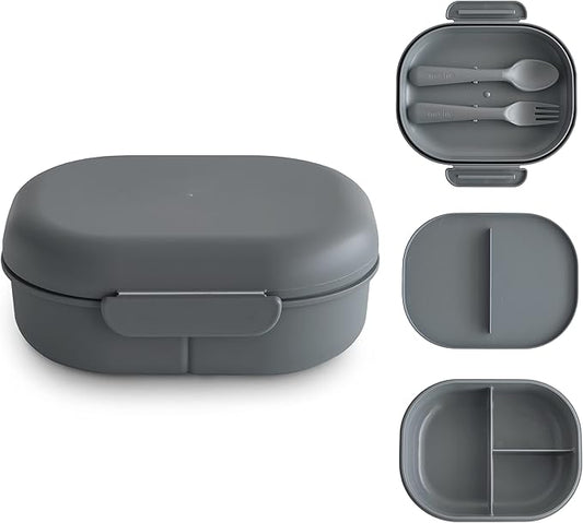 mushie Kids Bento Lunch Box | 3-Compartment & Removable Divider + Fork & Spoon Utensils | Great For Meals, School, Snacks On-the-Go | Dishwasher Safe (Smoke)