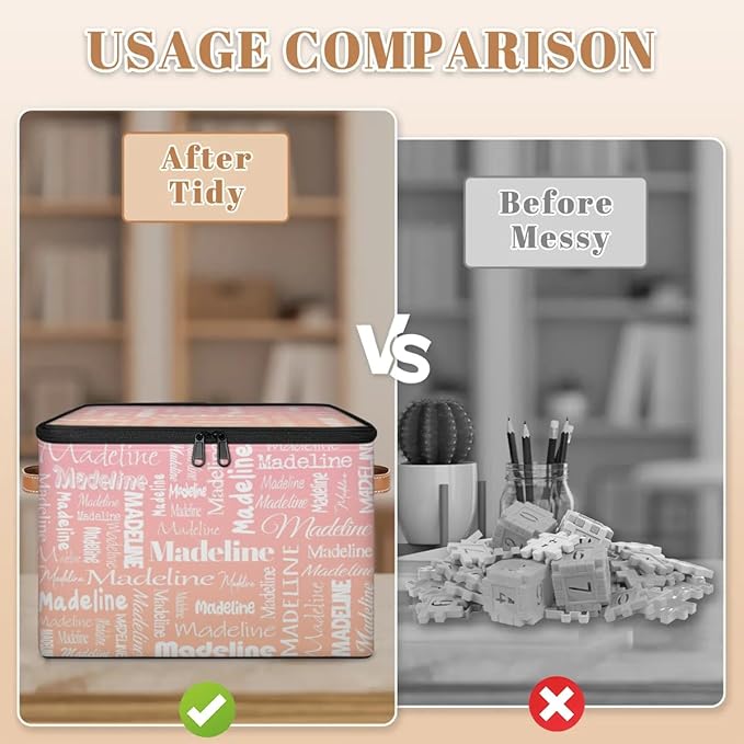 Custom Storage Basket with Name, Personalized Storage Bins with Zipper Lid, Foldable Fabric Storage Box Large capacity with Handle Pink Orange