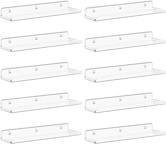 Lifewit Floating Shelves for Wall, 10 Pack Clear Acrylic Shelf 15" Room Decor for Bookcase/Vinyl Record Display/Photo/Picture in Bedroom, Living Room, Bathroom, Kitchen Storage and Organization