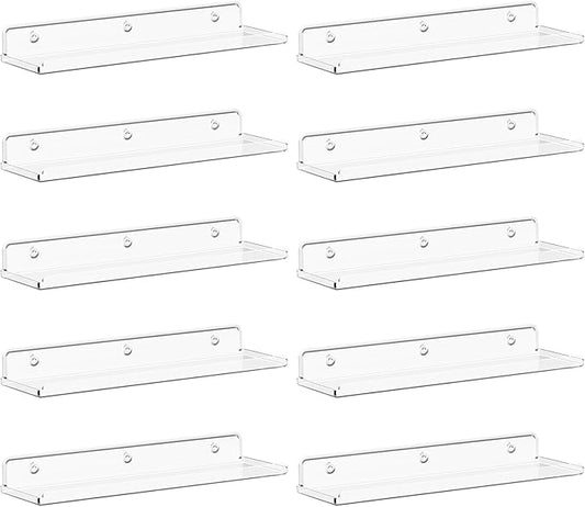 Lifewit Floating Shelves for Wall, 10 Pack Clear Acrylic Shelf 15" Room Decor for Bookcase/Vinyl Record Display/Photo/Picture in Bedroom, Living Room, Bathroom, Kitchen Storage and Organization