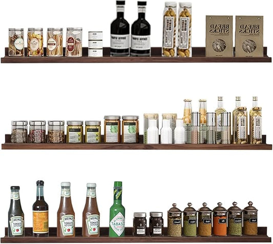 AZSKY Deep Walnut Floating Shelves Large Long Wall Storage Shelves Dark Walnut 48 Inch Wall Mount Hanging Picture Ledge Wall Decor for Bedroom Living Room Bathroom Kitchen Storage a Set of 3