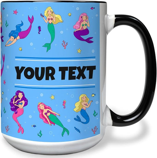 Personalized Mug for Kids - Mermaids - Custom Name/Text, Ceramic Hot Chocolate/Cocoa/Coffee Cup for Girls, Birthday/Christmas/Holiday Gift - 15 oz, Black Handle