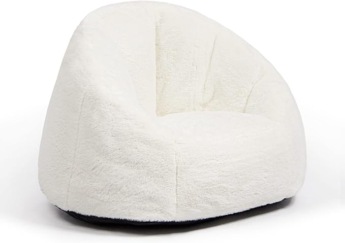 N&V Small Bean Bag Chair for Kids, Children Mini Bean Bag Sack, Foam Filling, Includes Removable and Machine Washable Cover, 27in, Soft Faux Fur (White)