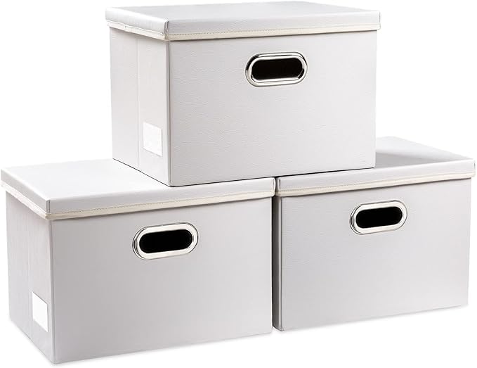 PRANDOM Collapsible Storage Bins with Lids [3-Pack] Leather Fabric Foldable Storage Boxes Organizer Containers Baskets Cube with Cover for Bedroom Closet Office Nursery White (14.9x10.8x10)