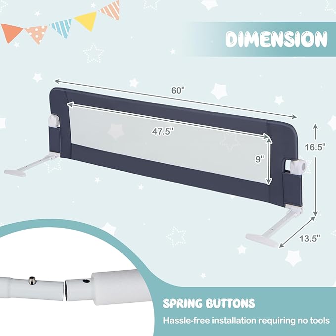 BABY JOY Double Sided Bed Rail Guard, 2 Pack, Extra Long, Swing Down for Convertible Crib, Folding Baby Safety Bedrail for Kids Twin Full Size Queen King Mattress, Rails for Toddlers (Dark Blue, 60")