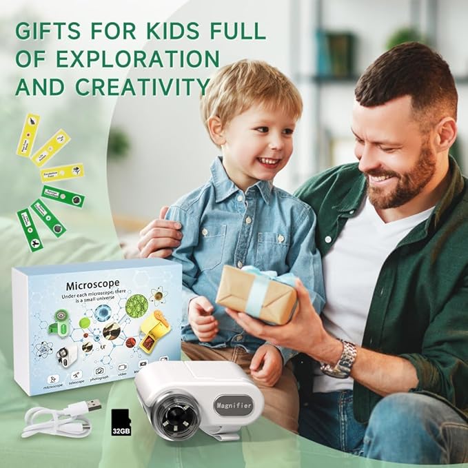 Microscope for Kids, [3-in-1] 1000X Handheld Mini Scope with 2" LCD Screen, Portable Miniscope for Kids 8-12 Halloween Christmas Birthday Edu Gifts, 32GB TF Card Included