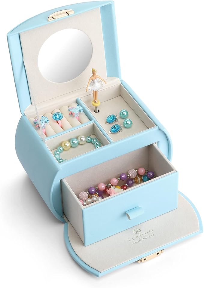 Vlando Musical Jewelry Box with Spinning Ballerina, Lockable Girls’ Jewelry Organizer for Necklaces Rings and Hair Accessories, Gift for Girls and Kids, Blue