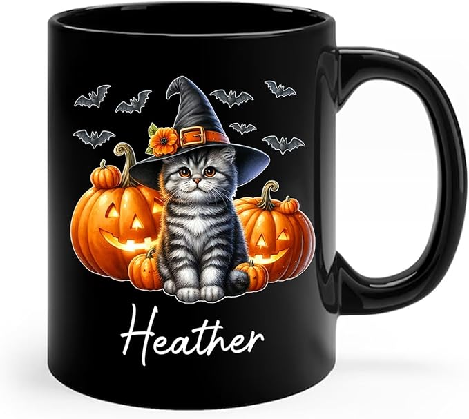 Customized American Shorthair Wearing Witch Hat Cup, Personalized Name American Shorthair Coffee Mugs, Cat with Pumpkins Ceramic Cups, Cat Halloween Black Mug 11oz 15oz, Gift for Halloween