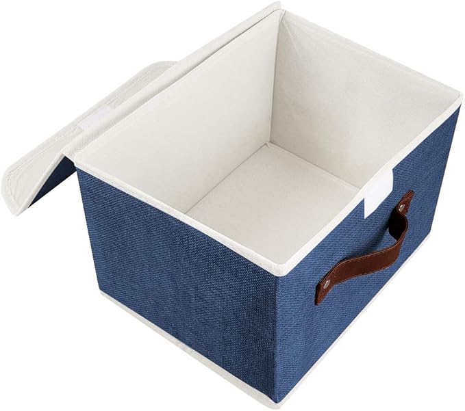 Lucky Monet Storage Bins Boxes with Lids 2 Pack Decorative Storage Boxes Collapsible Fabric Storage Basket Containers Lidded Storage Cube for Organizing Closet Home Office, 15"x 10"x 10" (Blue)