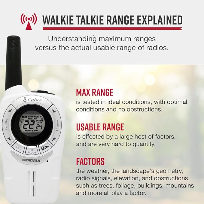 Cobra ACXT360 Water Resistant Walkie Talkies for Adults & Compatible Cobra Surveillance Headset: Rechargeable, 22 Channels, Long-Range, 3 Two-Way Radios, 2 Headsets, White, Silver and Red