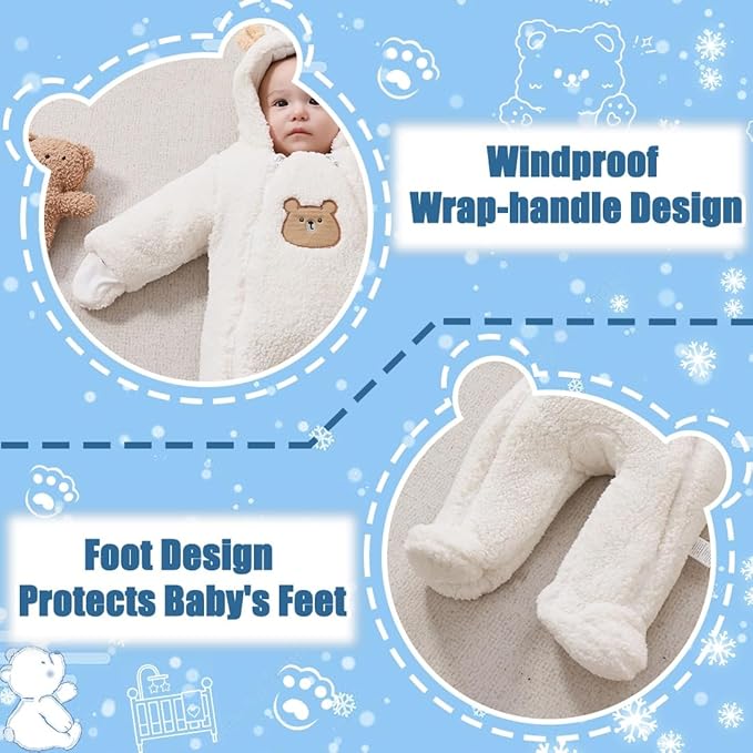 Fairy Baby Newborn Baby Winter Snowsuit Bear Thick Romper Footie Double Zip Hooded Jumpsuit Fleece Coat Infant Boy Girl 0-12M