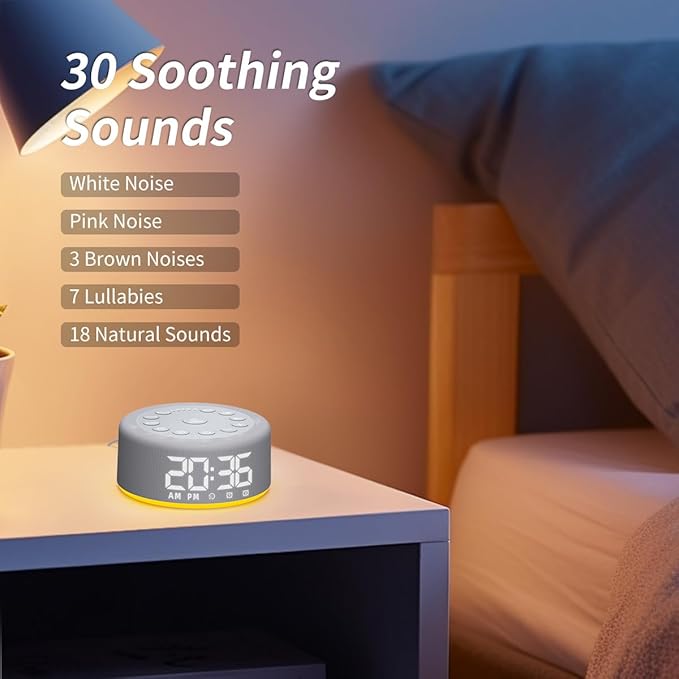Upgraded 【3 in 1】 White Noise Sound Machine Alarm Clock Night Light with Double Alarms Backup Battery 30 Sleeping Sounds for Baby Kids Adults 32 Level Volume 5 Timers Memory Function 15 Wake Up Sounds