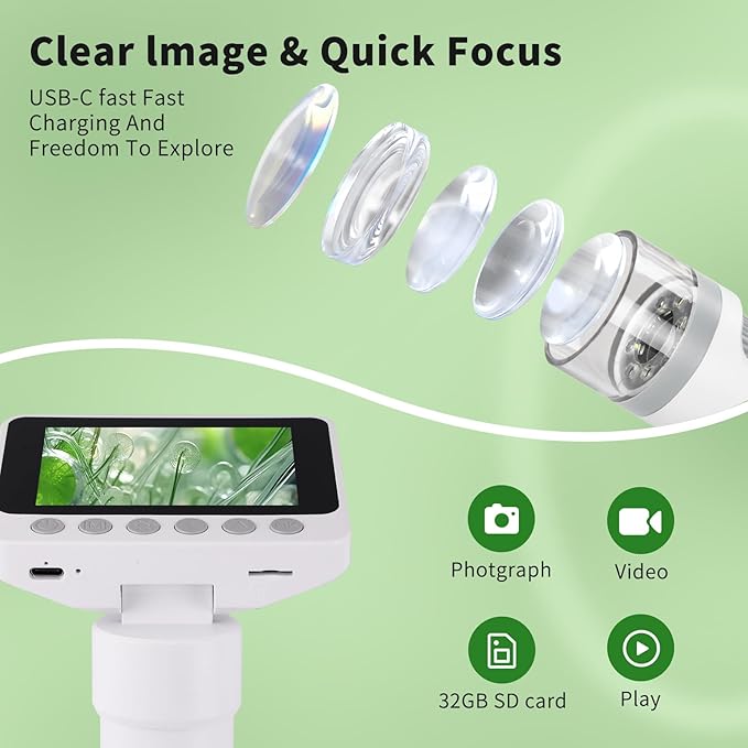 OOZSTARMicroscope for Kids, Up to 1000 X Magnification, 3.5-inch Foldable Screen, Handheld Pocket Microscope for Kids,Science Education Kits for 8-12 Year olds