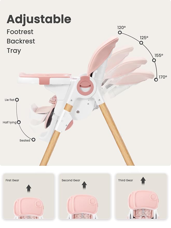Foldable High Chair with Soft Cushion, High Chairs for Babies and Toddlers, Height Adjustable Feeding Chair, Adjustable Backrest and Footrest, Lockable Wheels, Woodgrain Star Pink