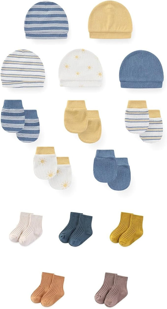 15 Pack Unisex New Born Boy Girls No Scratch Mittens Sets Cotton Soft Baby Gloves Hats socks Accessory 0-6 Months
