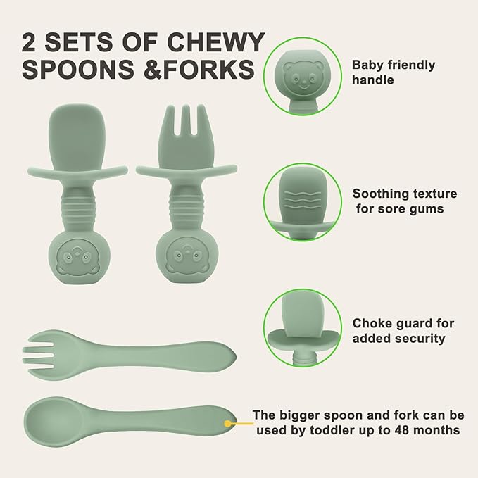 Silicone Baby Feeding Set | Baby Led Weaning Supplies Includes Suction Bowls and Divided Plates, Adjustable Bib, Baby Utensils Spoons and Forks,Cup | Baby Feeding Essentials (Light Green)