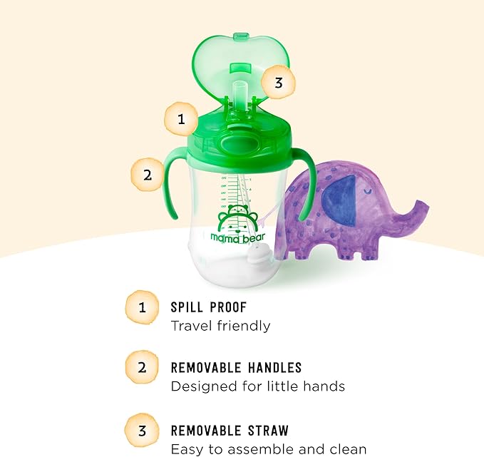 Amazon Brand - Mama Bear Silicone Weighted Straw Sippy Cup, 9 Ounces, Pack of 4, Blue/Green