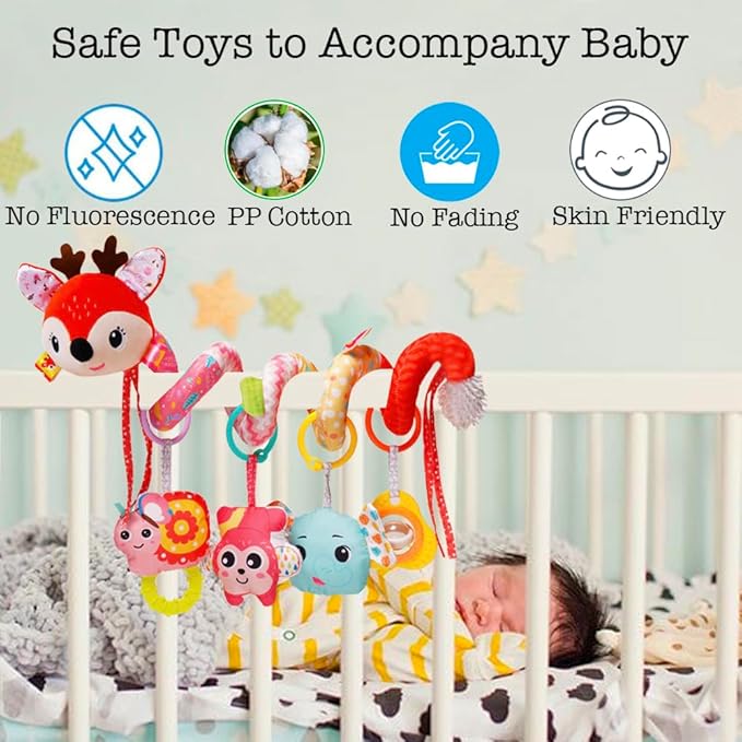 Stroller Toys, Car Seat Toys for Babies 0-6 Months Infants Activity Spiral Hanging Crib Toy Gift for Baby Boys and Girls 0 3 6 12 Months Newborn Sensory Toy with Rattles Squeaker Music- Red