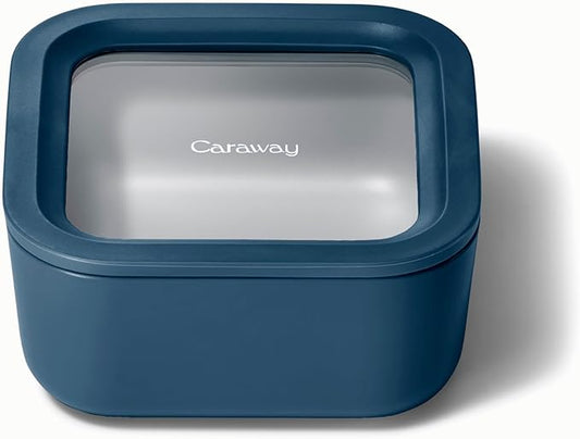 Caraway Glass Food Storage - 4.4 Cup Ceramic Coated Food Container - Non Toxic, Non Stick Lunch Box with Glass Lids. Dishwasher, Oven, & Microwave Safe - Navy
