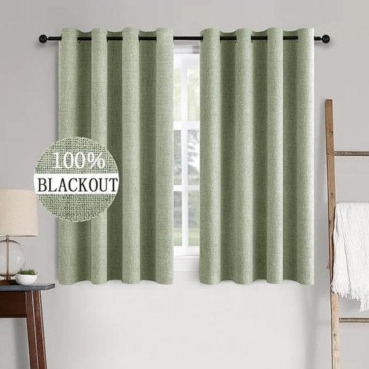 MIULEE Linen Texture Curtains for Bedroom Solid 100% Blackout Thermal Insulated Sage Green Curtains Grommet Room Darkening Drapes for Living Room Nursery 52x45 Inch (2 Panels)