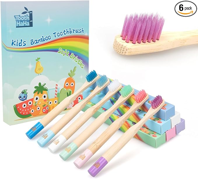 Kids Bamboo Toothbrushes, BPA-Free Soft Bristles, Eco-Friendly Natural Wooden Toddler Toothbrush, 6-Pack Travel Toothbrushes Set for Children