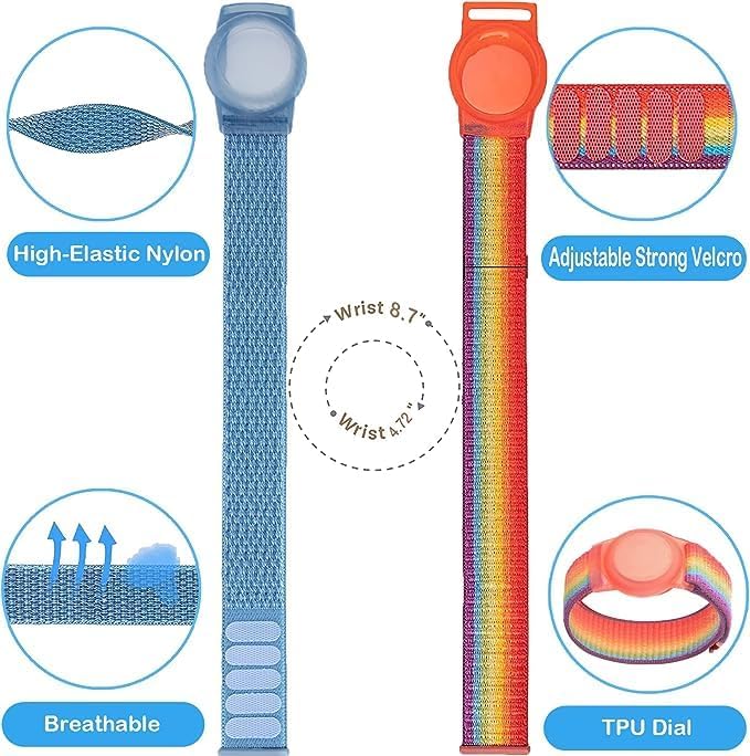 Kids Wristband Compatible with Apple AirTag, Protective Case for Air Tag GPS Tracker Holder with Nylon Bracelet, Adjustable Anti Lost Watch Band for Toddler Child Elder(RainbowB&Blue)