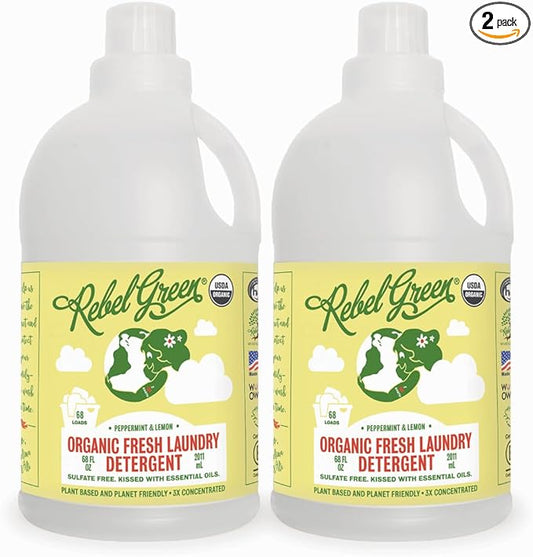Rebel Green Organic Laundry Detergent - Natural Laundry Soap - Liquid Laundry Detergent with Dispenser Cup - Gentle Laundry Detergent - Fresh Peppermint & Lemon Scent - (68 Load Bottles, 2 Pack)