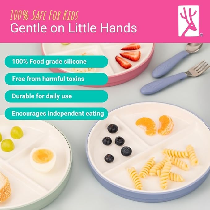 Elk and Friends Kids 7.8” Porcelain Divided Plates with Silicone Sleeves + Lids | Suitable for Babies/Kids/Toddlers | Microwave & Dishwasher Safe | Non Slip | Snack Dishes