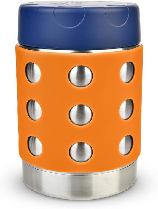 LunchBots Thermal 12 oz Triple Insulated Thermos - Hot 6 Hours or Cold 12 Hours - Leak Proof Thermos Soup Jar - All Stainless Interior - Navy Lid - Orange Dots