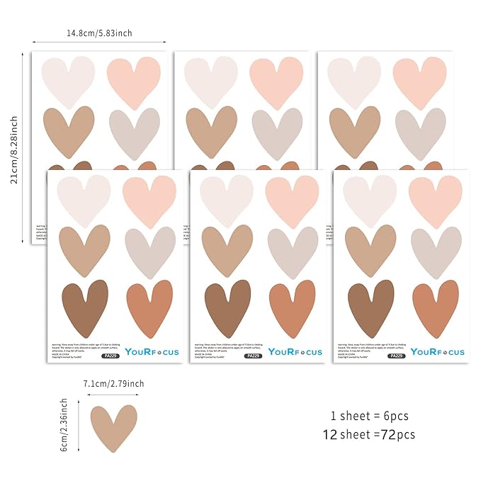 Boho Wall Decal for Girls Bedroom 72 PCS, Boho Heart Wall Stickers Peel and Stick for Nursery Kids Room Décor, Removable Wall Decals Vinyl Murals DIY Cute Decorations (12 Sheets)