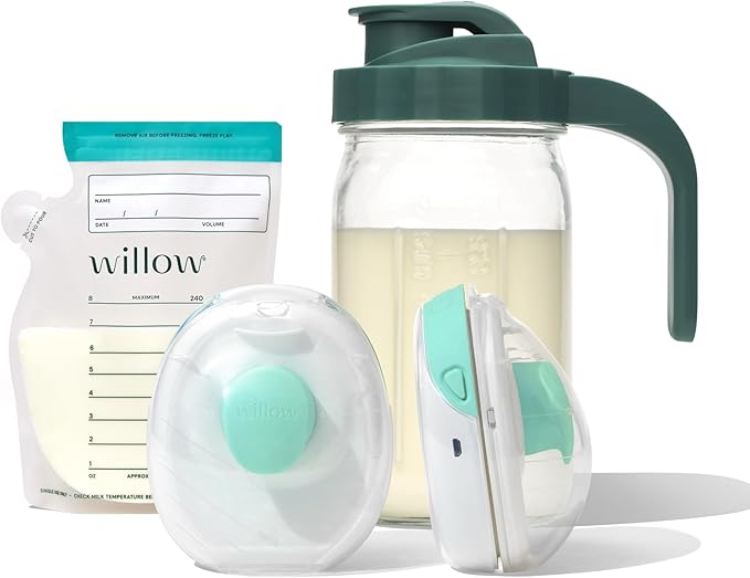 Willow - Go Double Hands Free Breast Pump w/Milk Bags and Glass Milk Pitcher Bundle