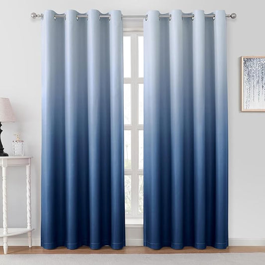 HOMEIDEAS Navy Blue Ombre Blackout Curtains 52 X 96 Inch Length Gradient Room Darkening Thermal Insulated Energy Saving Grommet 2 Panels Window Drapes for Living Room, Bedroom
