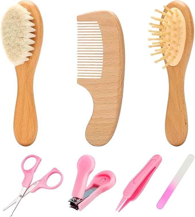 Goat Baby Hair Brush Set, Wooden Comb Massage Scalp Comb, Safe Natural Hair Care Kit, Soft Silicone Bath Brush for Newborns Toddlers (Brush Set+ Massager)