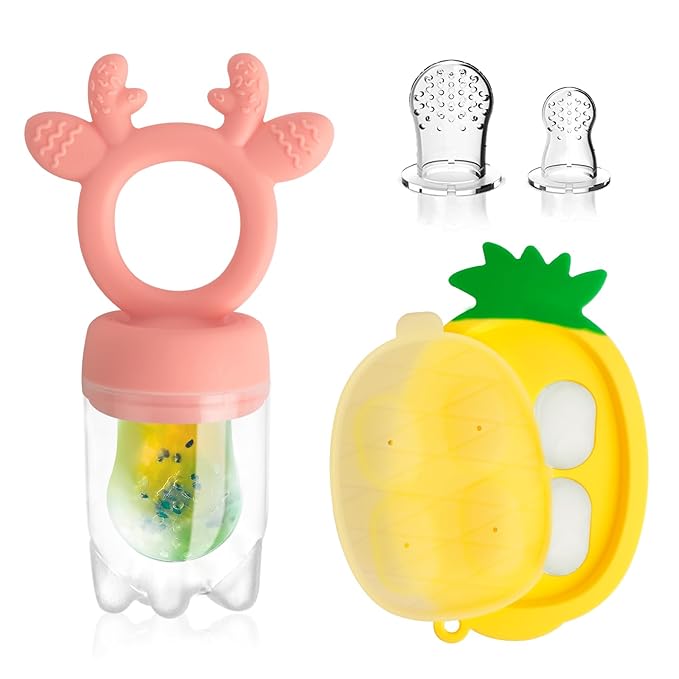 Baby Fruit Food Feeder - Silicone Nibble Tray Combo - Breastmilk Popsicle Mold for Cooling Relief, BPA Free Mesh Feeder for Infant Self Feeding (Deer Pink + Pineapple)