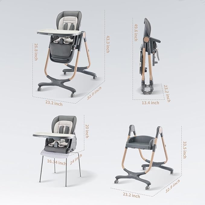 6 in 1 Convertible High Chairs for Babies and Toddlers,Portable High Chair with Dishwasher Tray and 4 Wheel,Booster Seat for Dining Table,Foldable Toddle and Baby Feeding Highchair (Gold-Grey)