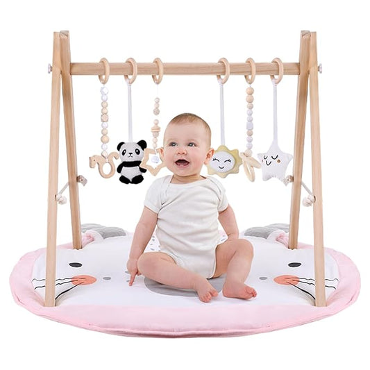 Wooden Play Gym with Mat, Foldable Baby Activity Gyms for Infants Newborn Baby Girl and Boy, Tummy Time Baby Infant Toys 0-6 6-12 Months (Rabbit)