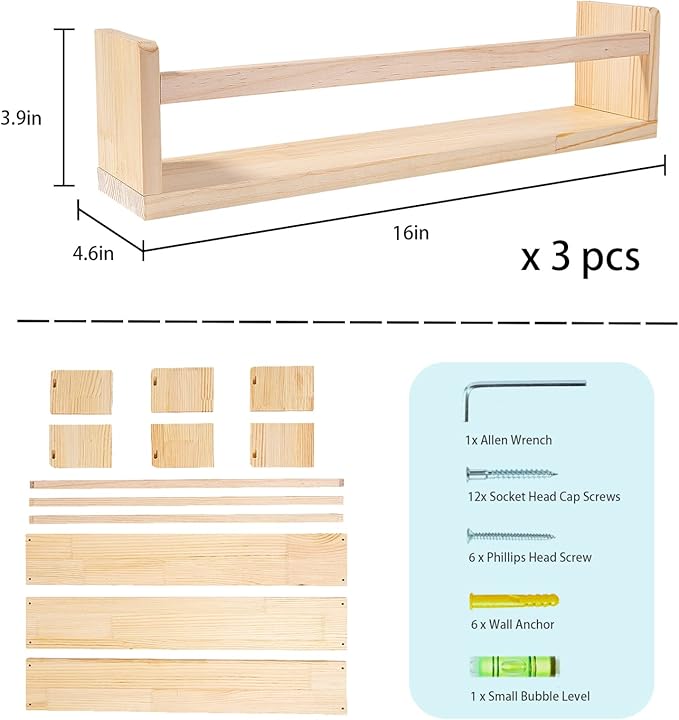 Nursery Book Shelves, 16.5 Inch Floating Bookshelves for Kids Room and Playroom Decor, Set of 3, Solid Wood Wall Mounted Shelves for Books and Toys Storage (Nature)