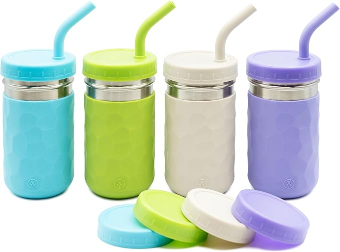 WeeSprout 2-in-1 Drinking Cups for Kids, Durable Stainless Steel Tumbler for Smoothies, Silicone Straws with Stoppers, Premium Plastic Twist Lids, Easy-Grip Sleeves, Set of 4 Dishwasher Safe Kid Cups