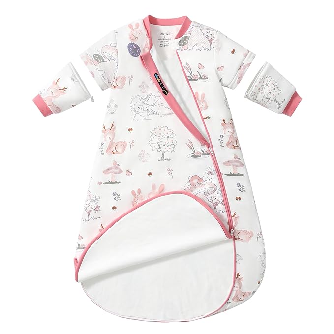 Baby Sleep Sack 6-12 Months, Cotton Detachable Long Sleeve Sleep Sack, 1.0 Tog Toddler Sleeping Sack with Temperature Strips, 2-Way Zipper Wearable Blankets for Newborns, Bunny