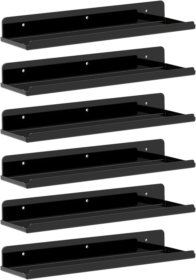 Lifewit Floating Shelves for Wall, 6 Pack Black Acrylic Shelf 15" Room Decor for Bookcase/Vinyl Record Display/Photo/Picture in Bedroom, Living Room, Bathroom, Kitchen Storage and Organization