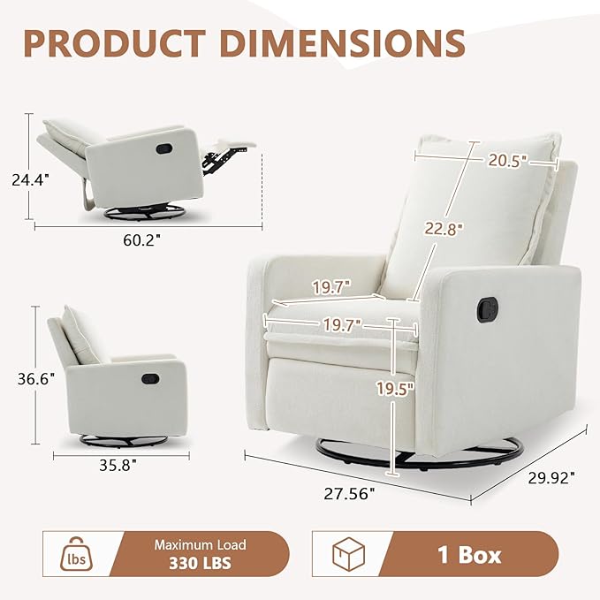 Swivel Rocking Recliner Chair for Nursery, Upholstered Glider Rocker Recliner, Swivel Reclining Chair for Nursery Living Room Bedroom, White Short Plush