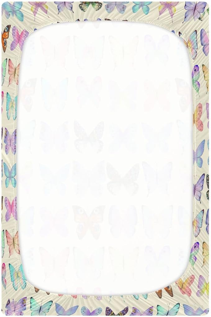 Retro Butterflies Colorful Crib Sheets for Boys and Girls, Fitted Baby Crib Sheets Soft and Breathable Mini Crib Sheets 52 X 28 Inches
