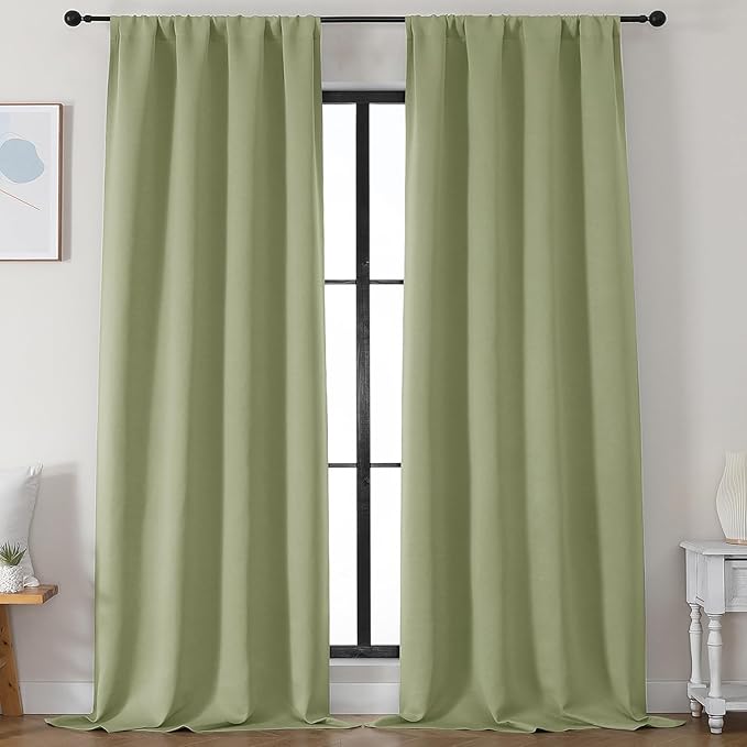Simplebrand Ava Sage Green Blackout Curtains for Bedroom 96 Inches Long 2 Panels, Solid Thermal Insulated, Energy Saving Living Room Window Treatment Curtains Blackout Drapes, W50 x L96 Inch, Sage