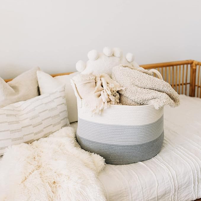 OrganiHaus Large Laundry Basket, Woven Cotton Rope Basket for Blankets, Toy Storage, Nursery Hamper, Living Room Decor Organizer, Soft & Durable Hamper with Handles, 20x13 inches - Gray