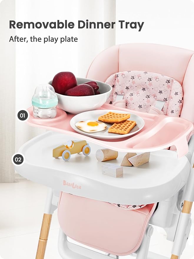 Foldable High Chair with Soft Cushion, High Chairs for Babies and Toddlers, Height Adjustable Feeding Chair, Adjustable Backrest and Footrest, Lockable Wheels, Woodgrain Star Pink