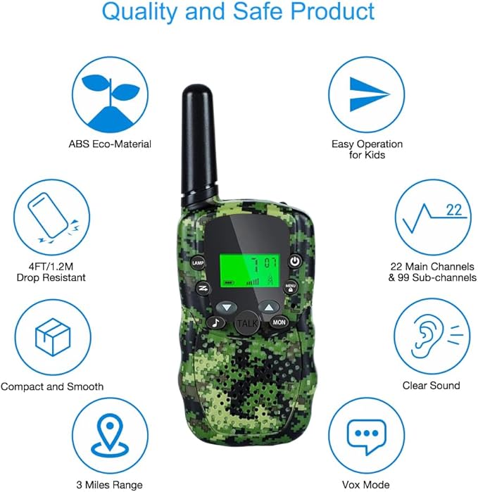 Walkie Talkies for Kids 3 Miles Long Range, 22 Channels Walkie Talkie with Clear Sound, Outdoor Camping Toys for Boys and Girls Age 6-8, Stocking Stuffers for Girls Boys 8-12