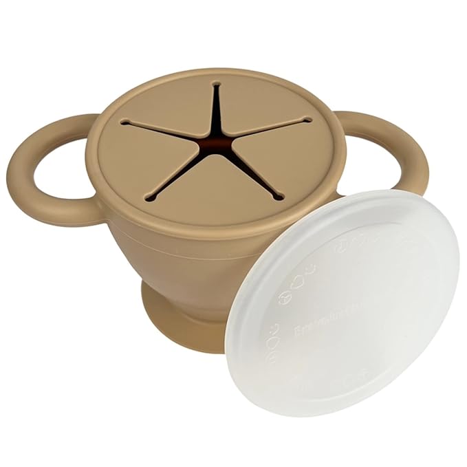 BraveJusticeKidsCo. | Snack Attack II Snack Cup | Collapsible Silicone Snack Container | Toddler and Baby Snack Catcher Lid (Warm Sand)