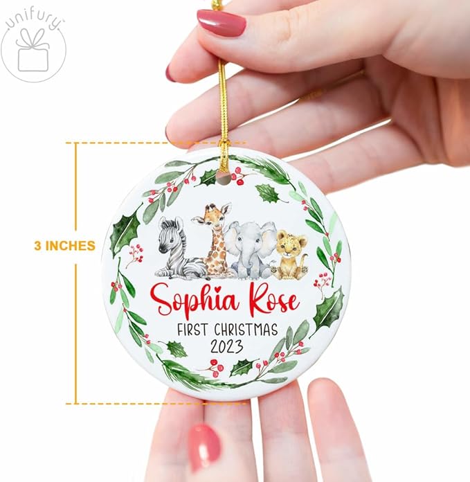 Unifury Personalized Baby First Christmas Ornament 2024, Keepsake for Babies First Christmas Tree, Holiday Decor for Celebrating Ceramic Babys 1st Christmas Ornament 2024, Safari Animal Holly