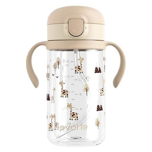 Evorie Tritan Spill Proof Toddler Straw Sippy Cup, 10 oz for Baby and Toddlers 1-3 Years Old, No Spill Straw Water Bottle with Removable Handles, Ideal for School, BPA-Free, Giraffe (NEW)