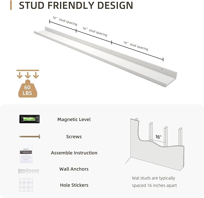 Picture Ledge Shelf, Wood Long Floating Shelves for Wall, Set of 2, 56 inch Picture Ledge Shelves, Photo Ledge Nursery Book Shelves Wall Mounted for Living Room Kids' Room Bedroom, Color White